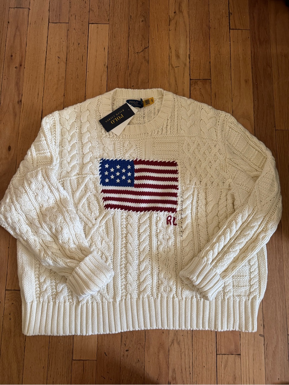 Polo by Ralph Lauren Cream Cable-Knit Sweater with American Flag USA